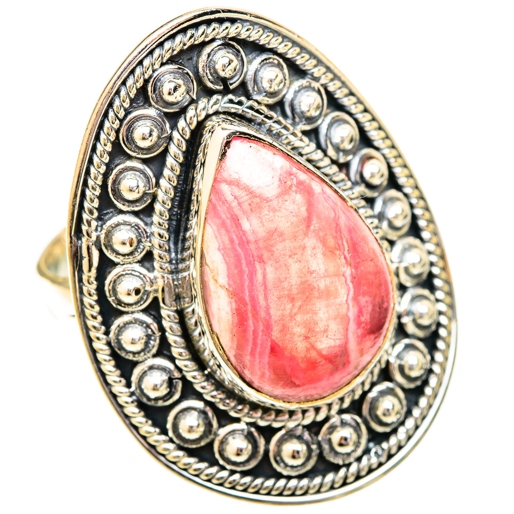 Teardrop rhodochrosite sterling silver ring with beaded halo setting