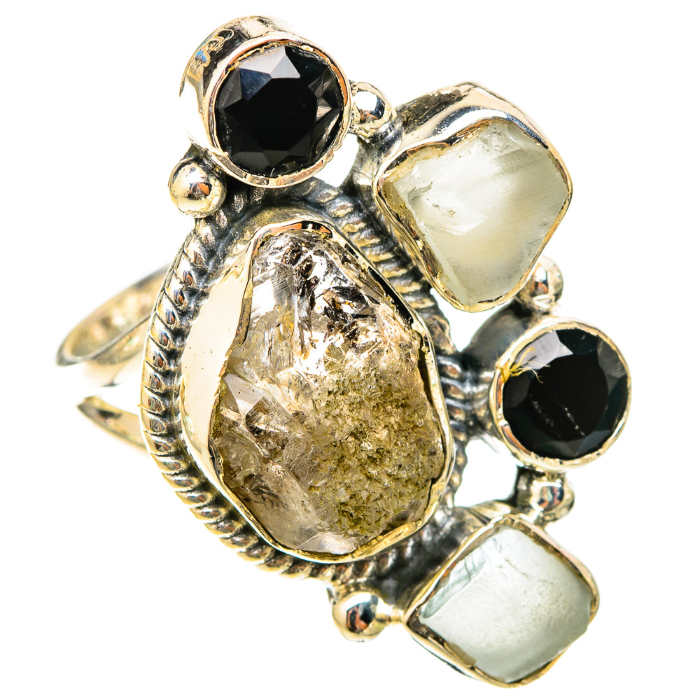 Sterling silver ring with black onyx rounds, moonstone-style square stones, and yellow druzy oval