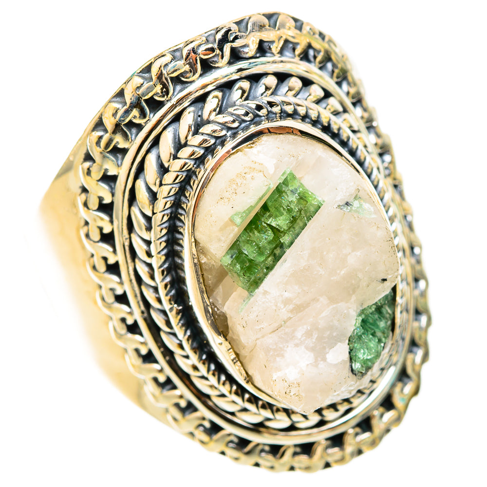 Oval silver ring with green tourmaline in quartz set in ornate twisted bezel