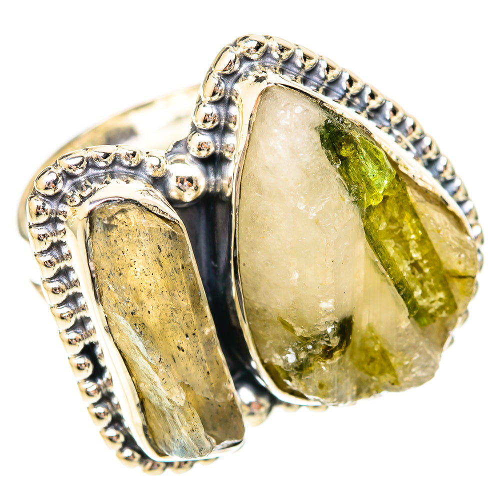 Sterling silver ring with green tourmaline-in-quartz stones and ornate bezel setting