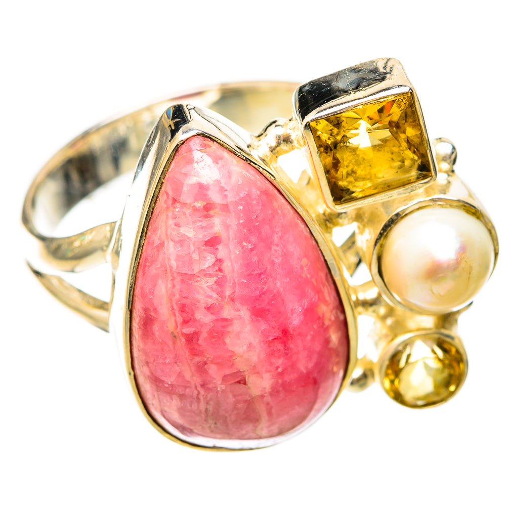 Sterling silver ring with pink rhodochrosite pear stone, citrine, and cultured pearl