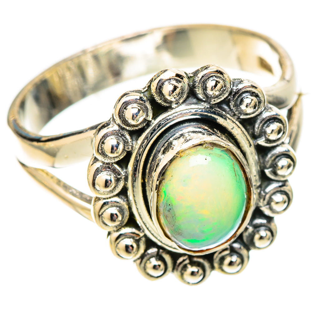 Sterling silver opal ring with round green opal, beaded halo, size 7.5