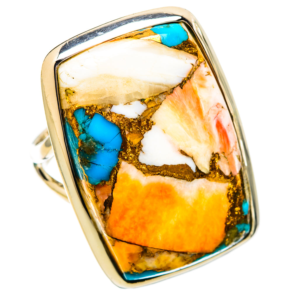 Sterling silver ring with large turquoise spiny oyster stone, gold veining, rectangular bezel