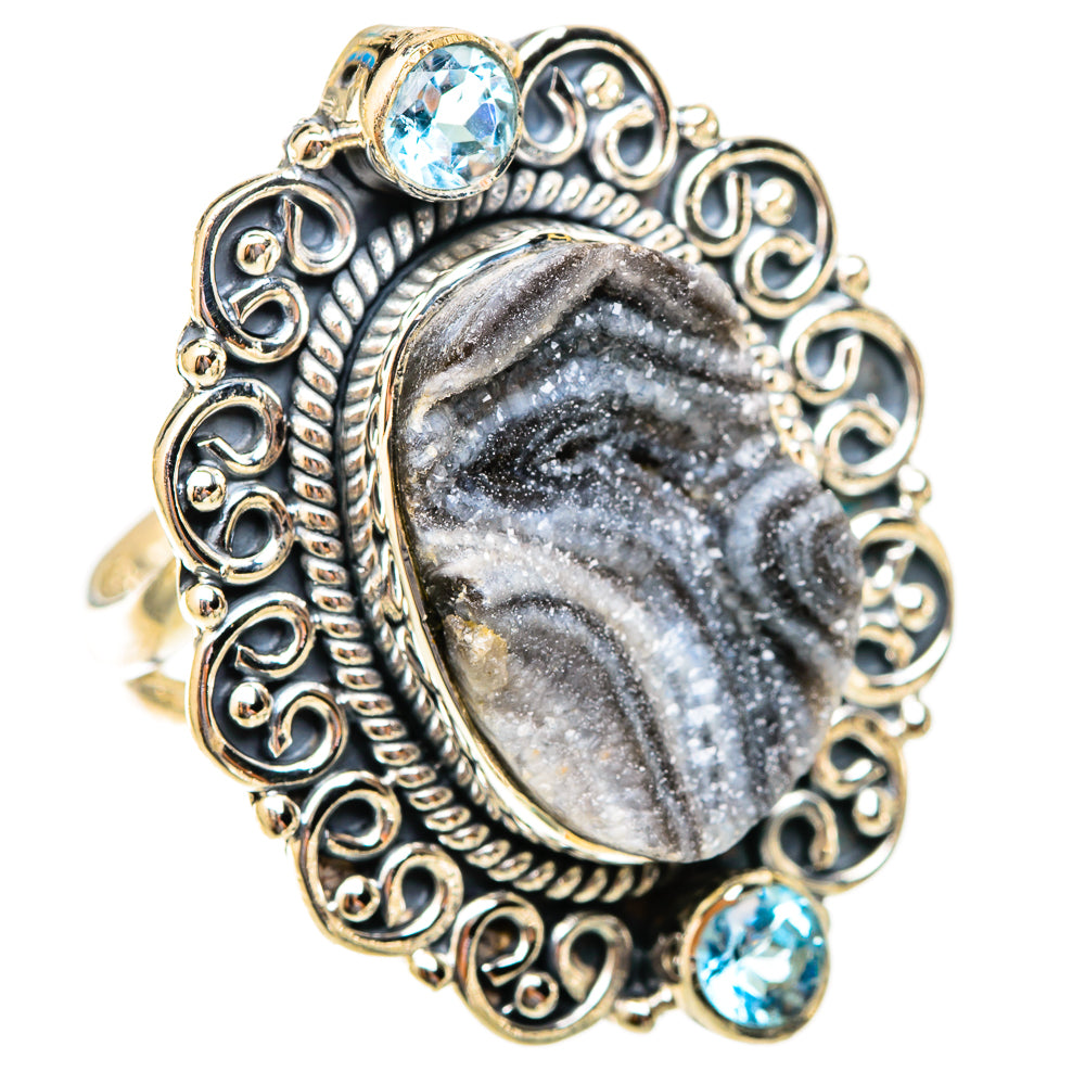 Sterling silver blue topaz ring with large oval druzy stone and ornate halo setting