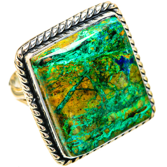 Sterling silver ring with rectangular green-blue gemstone, rope border and textured shoulders