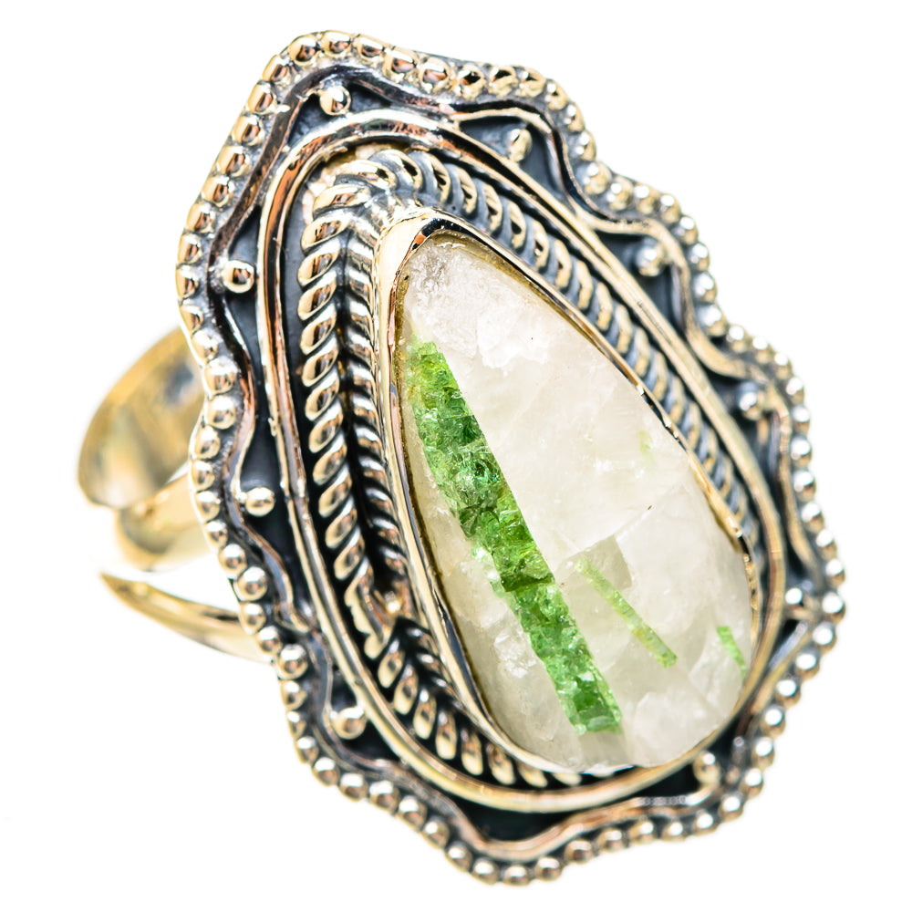 Oval quartz tourmaline ring in 925 sterling silver, green stripe, ornate border, size 8