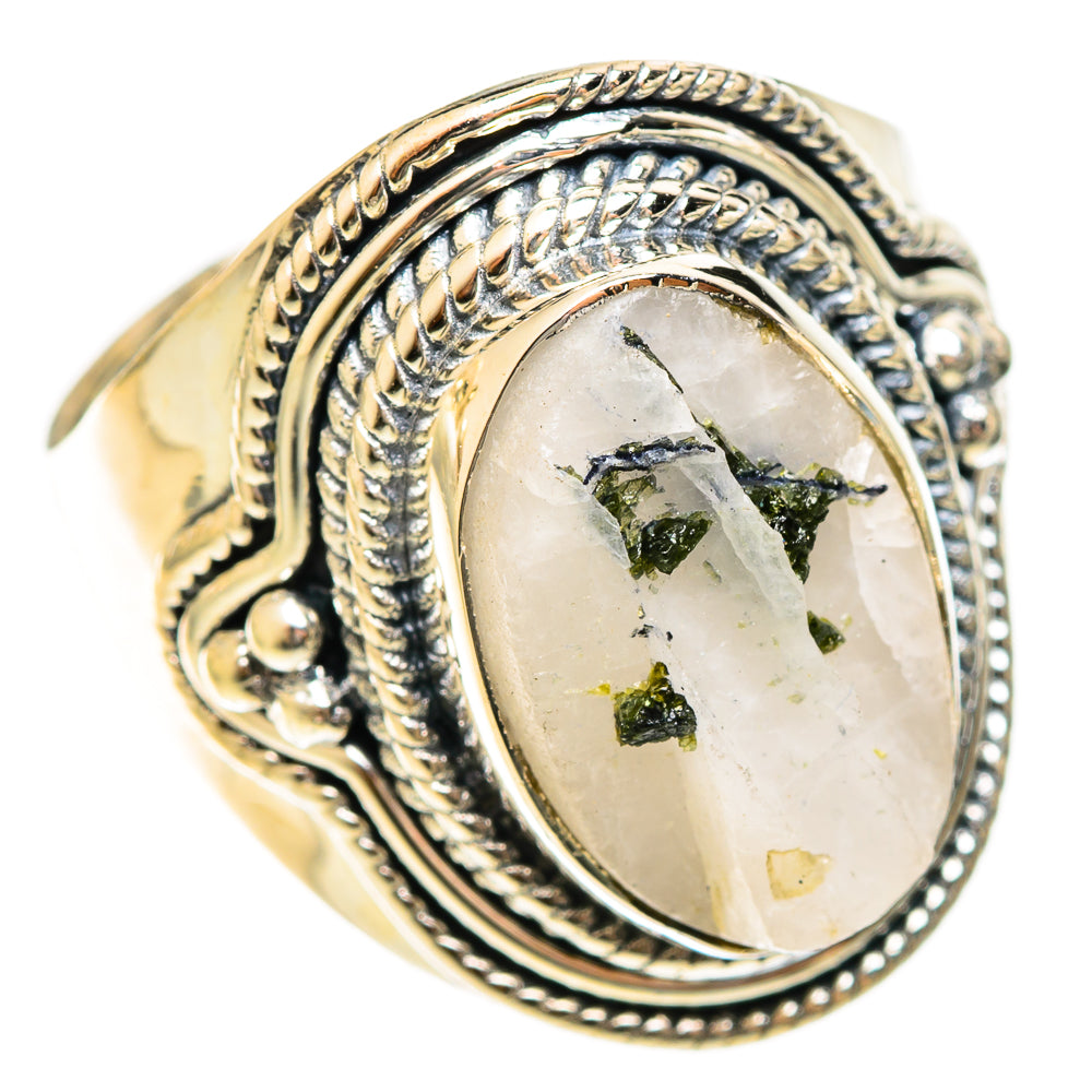 925 sterling silver oval quartz ring with green tourmaline specks and braided bezel