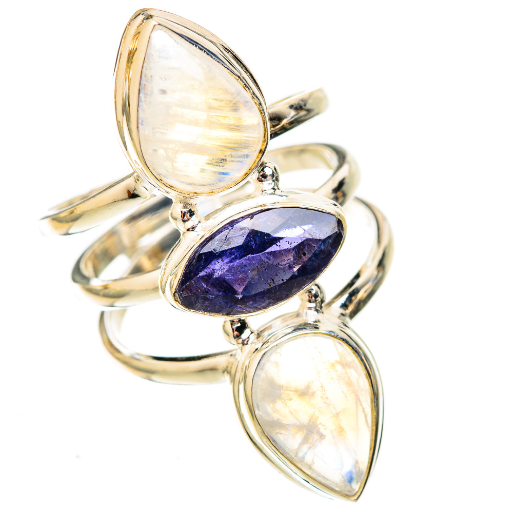 Three-stone sterling silver ring: moonstone oval stones with central blue tanzanite