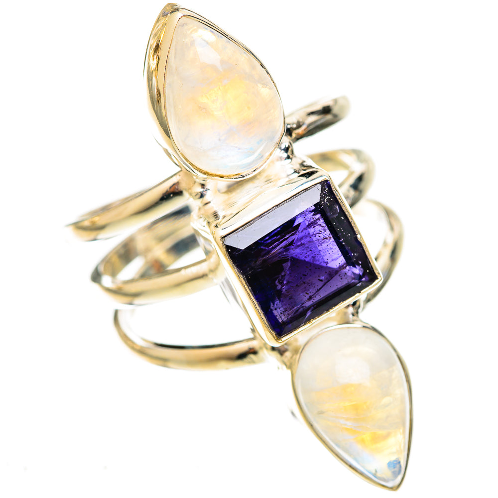 Sterling silver ring with dark purple faceted square stone, split band, and two moonstone teardrops