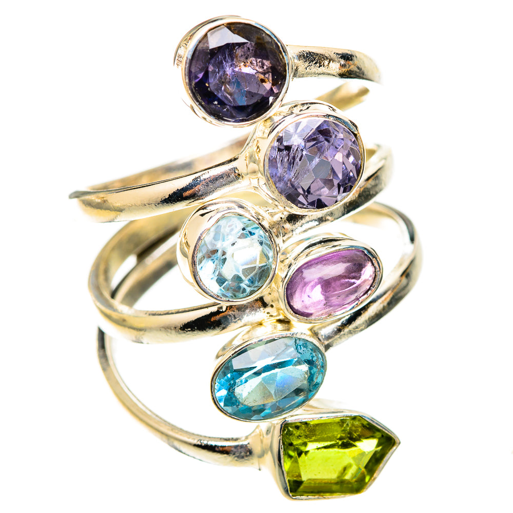 Sterling silver gemstone ring with oval purple, light-blue, and green stones, angled view