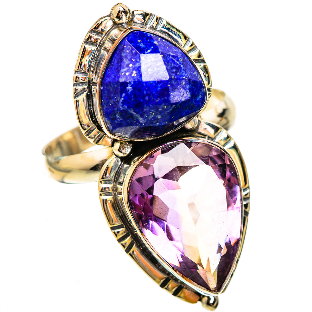 Large faceted gemstone ring with blue lapis oval and purple amethyst teardrop stones in metal setting