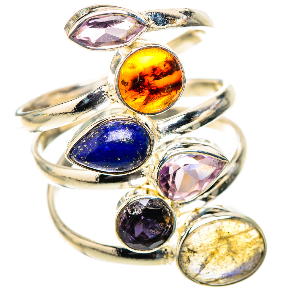 Sterling silver multistone ring with purple marquise, amber, blue, pink, black and yellow gems
