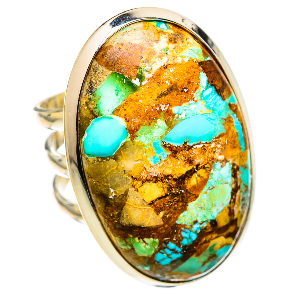 Turquoise composite oval ring with silver band and bezel, gemstone marbled pattern