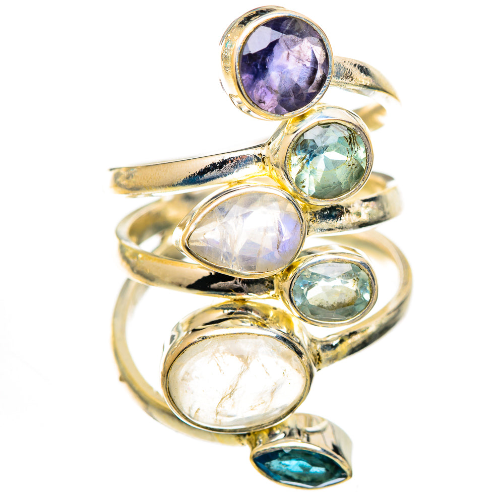 925 silver statement ring with oval moonstones and blue topaz accents, stacked stones
