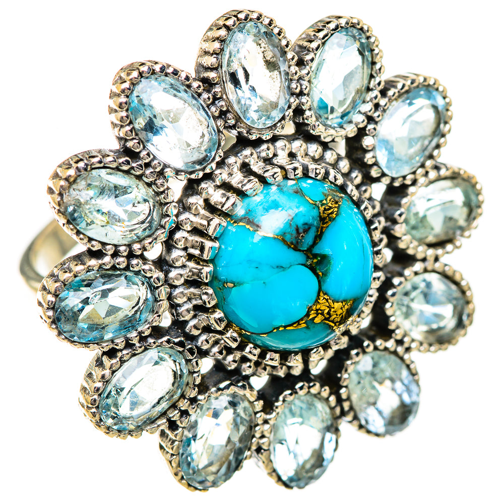 Ornate turquoise and blue gemstone cluster ring with oval stones, sterling silver setting
