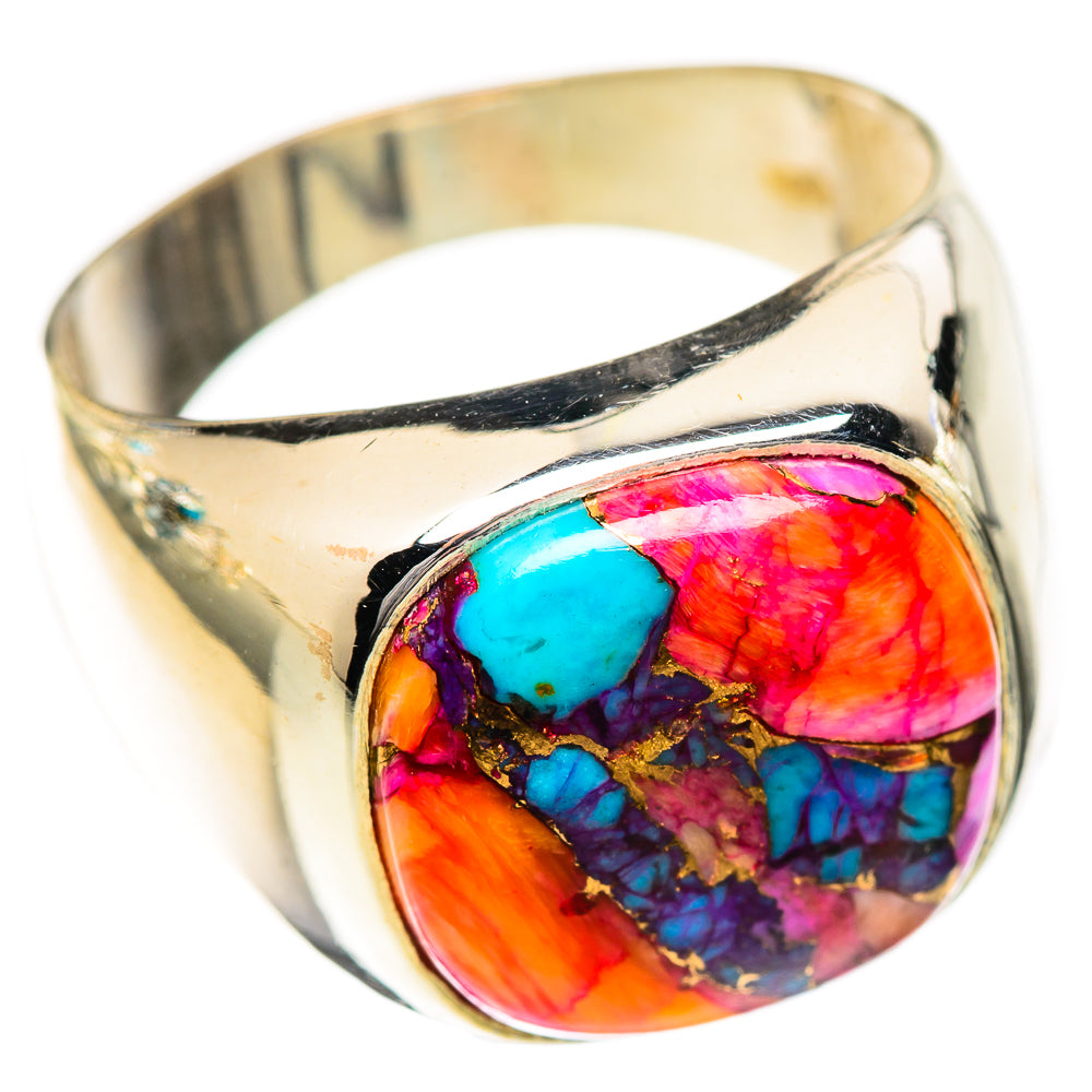 Sterling silver ring featuring multicolor oval cabochon in pink, blue, orange