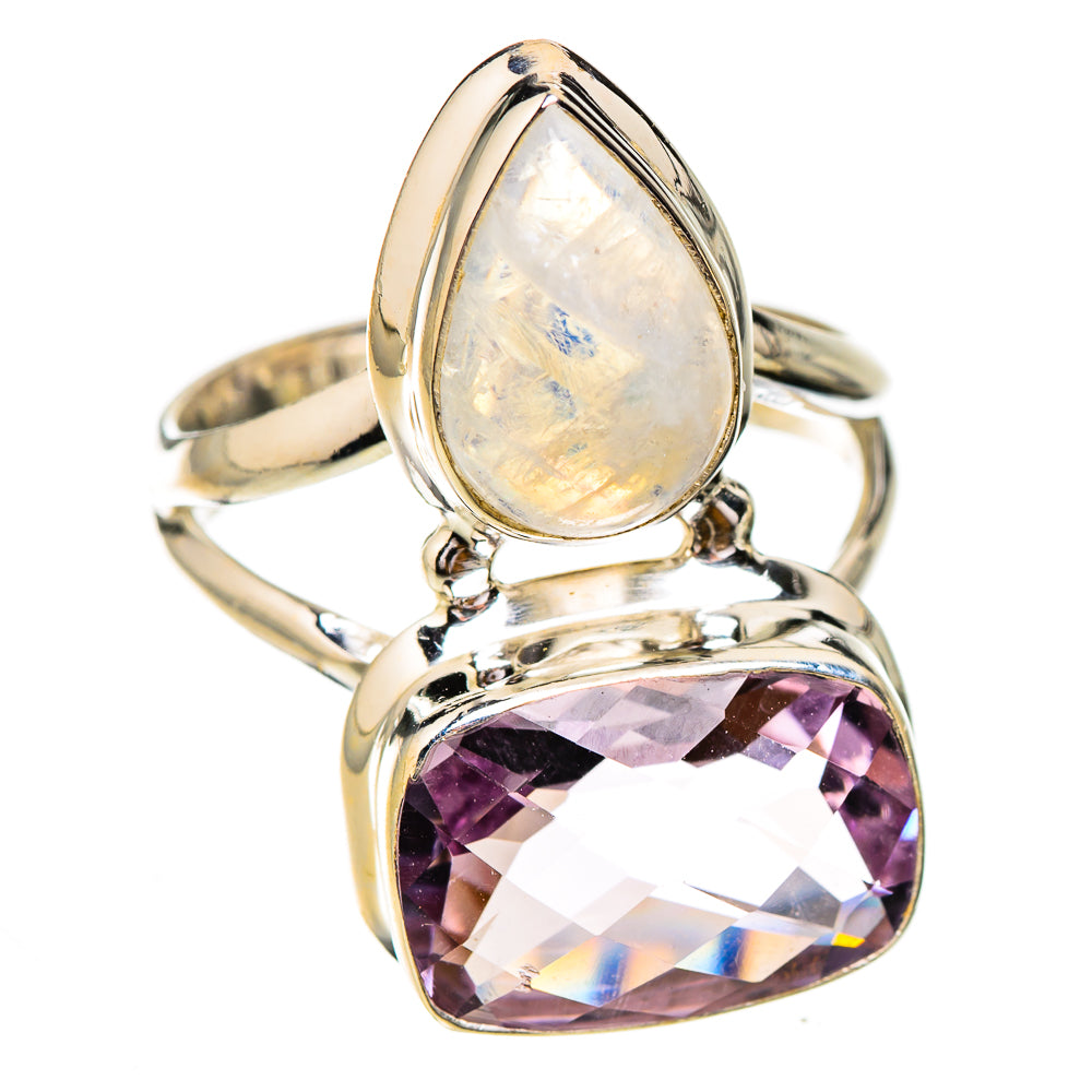 Sterling silver double teardrop ring with iridescent moonstone and faceted amethyst