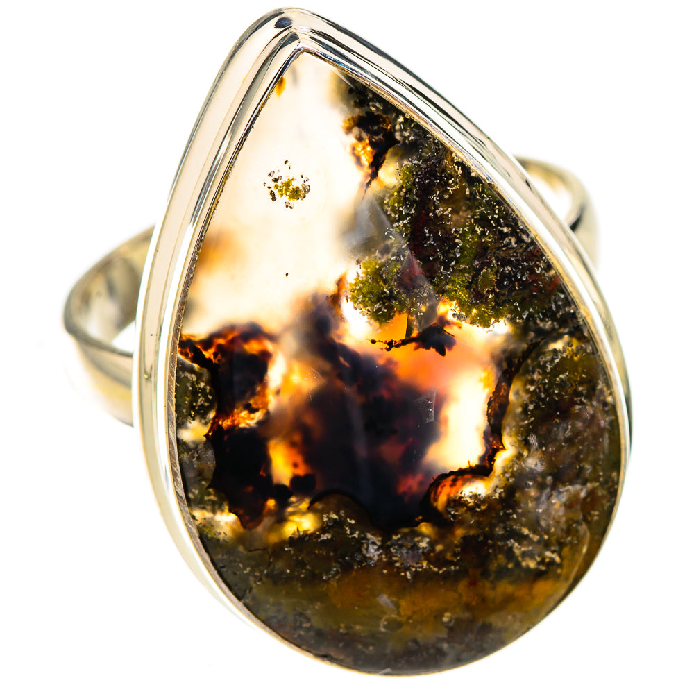 Large teardrop plume agate ring, 925 sterling silver bezel; dark amber and green speckles