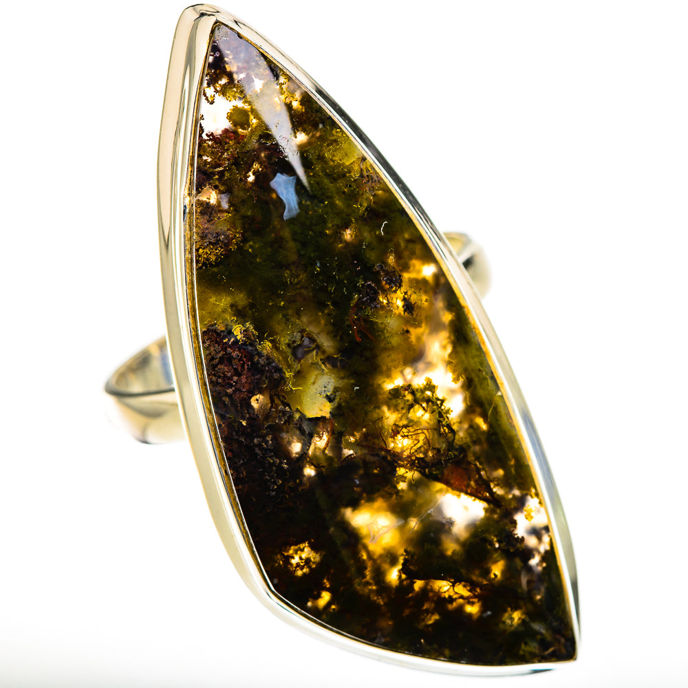 Sterling silver ring with green moss agate teardrop stone setting