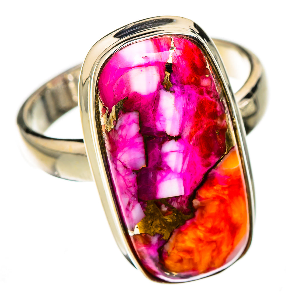 Oval turquoise-style gemstone ring with pink, magenta, and orange cabochon in silver