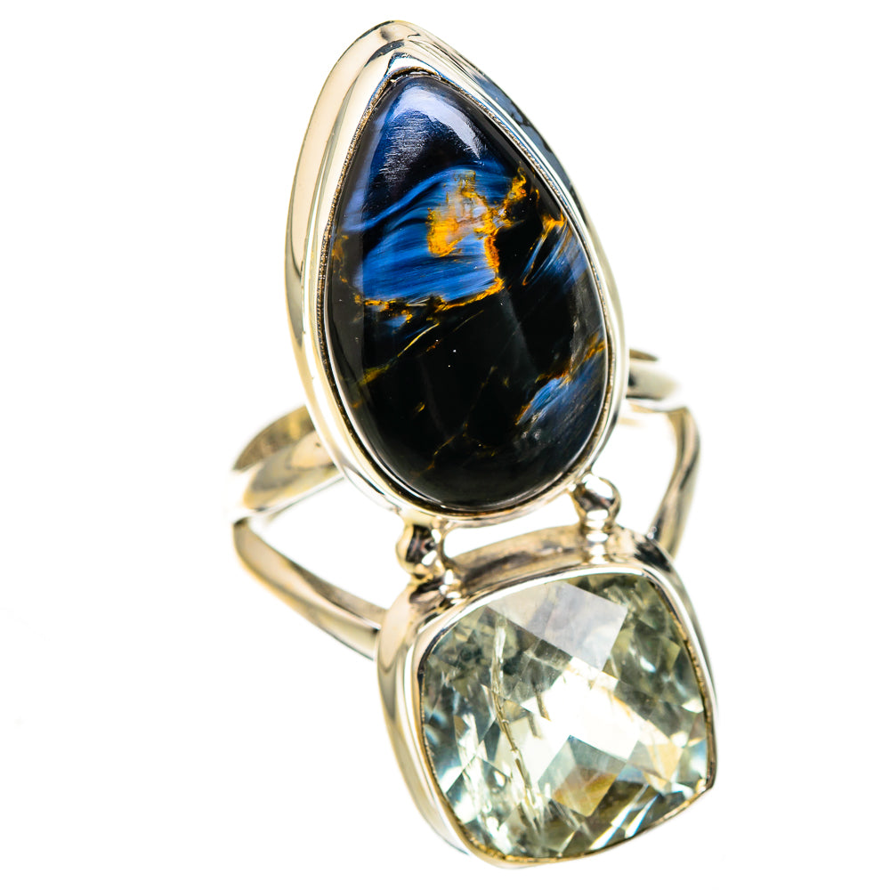 Sterling silver ring with large oval pietersite-style dark gemstone and light faceted stone