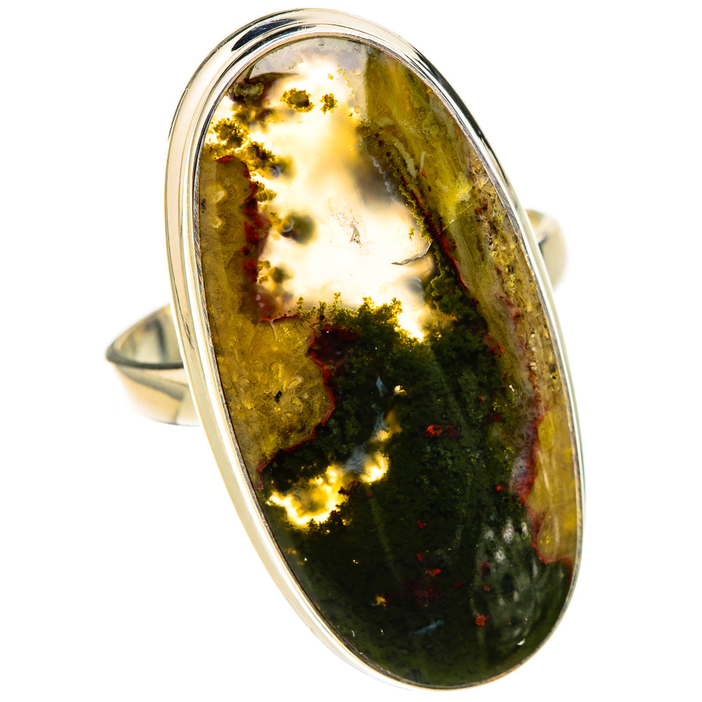 Sterling silver oval bloodstone ring, polished gold-green stone with dark mottling