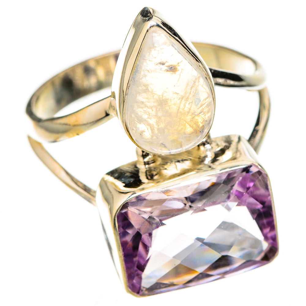 925 sterling silver ring with teardrop moonstone and faceted purple amethyst center