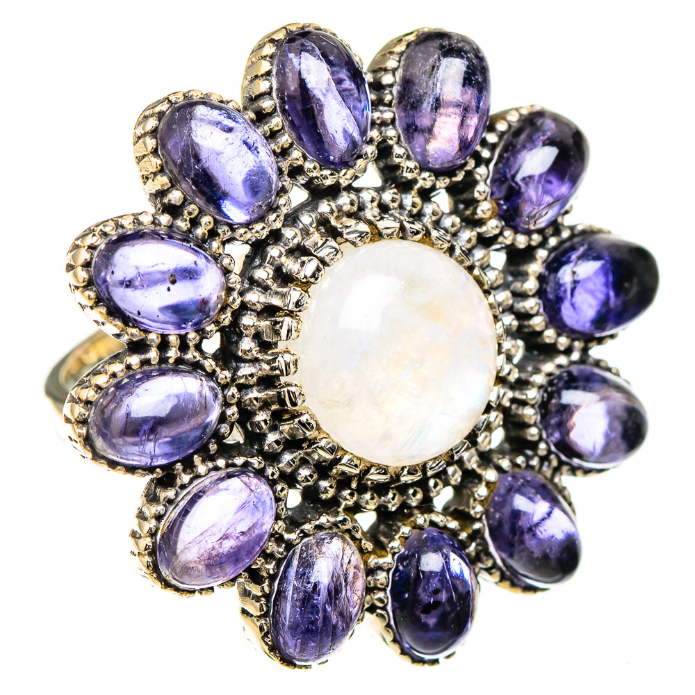 Large gemstone cluster ring with round white moonstone and purple oval stones, silver setting