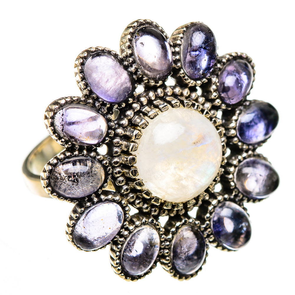Moonstone cluster ring with iridescent white center and purple oval side stones