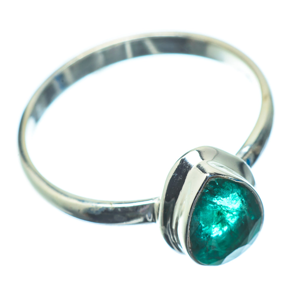 Round green emerald gemstone ring in polished sterling silver bezel setting