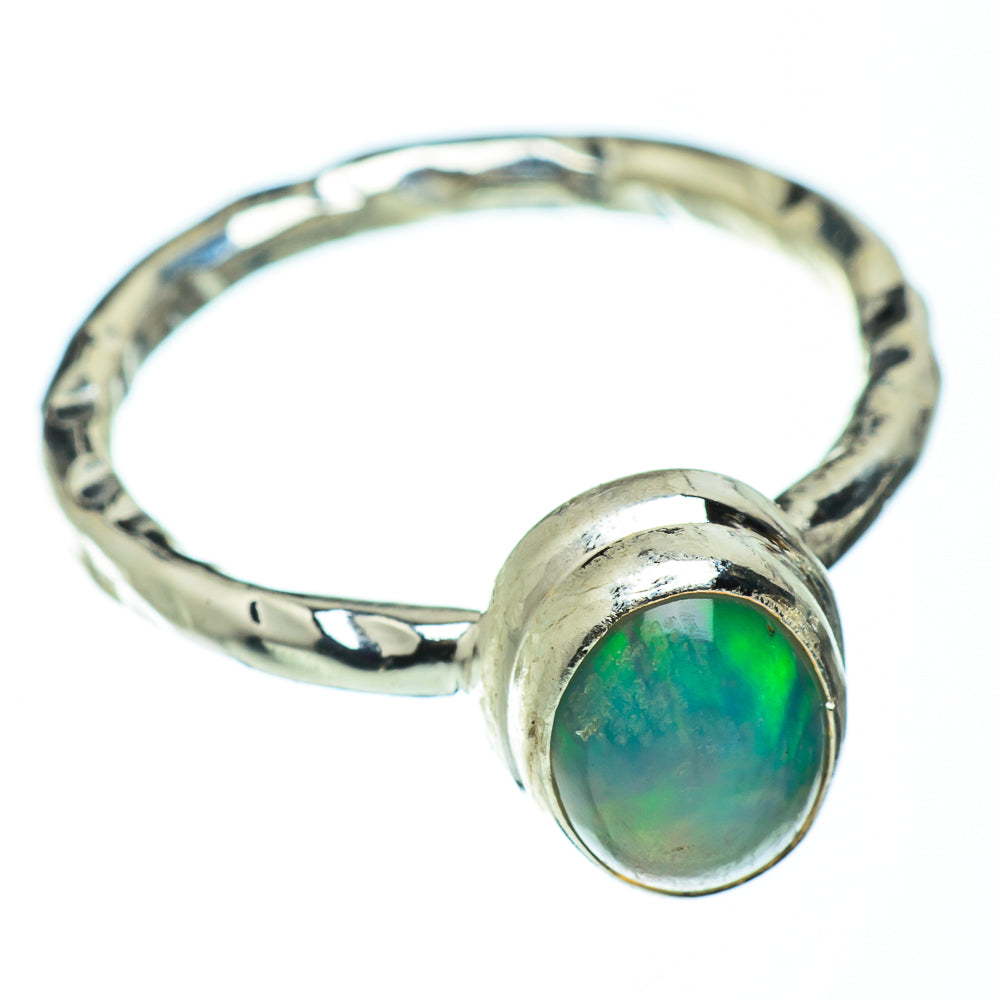 925 sterling silver ring with round bezel opal, green and blue iridescence