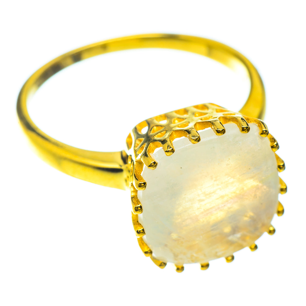 Gold vermeil ring with oval rainbow moonstone, prong-set halo on a slim band
