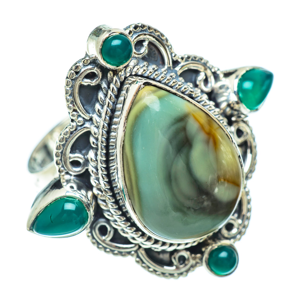 Ornate sterling silver ring with oval green center stone and teal side stones