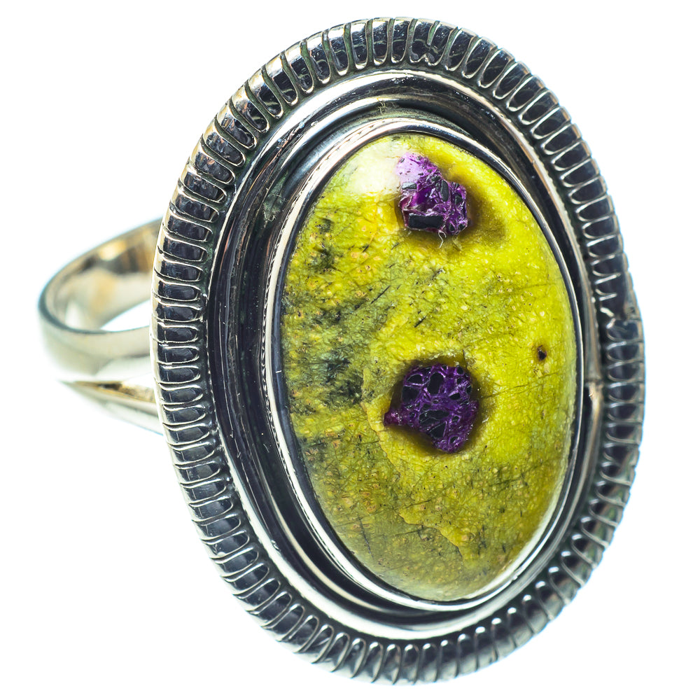 Oval green gemstone ring with purple flecks, oval setting, sterling silver band