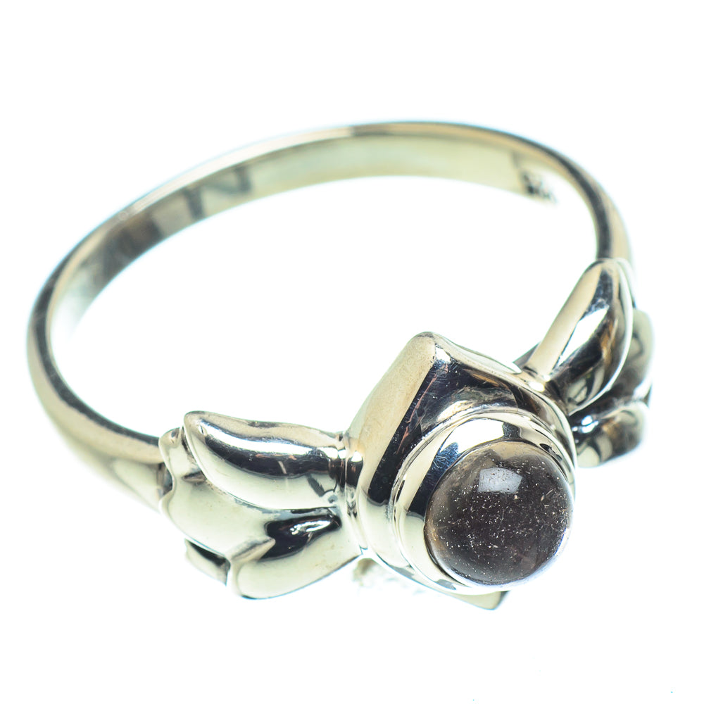 Sterling silver smoky quartz ring, side view of dark round cabochon setting