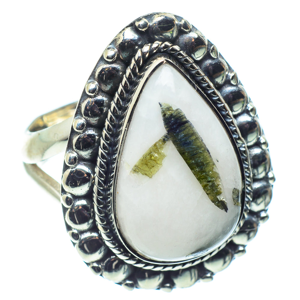 Sterling silver teardrop ring with green quartz cabochon and beaded frame