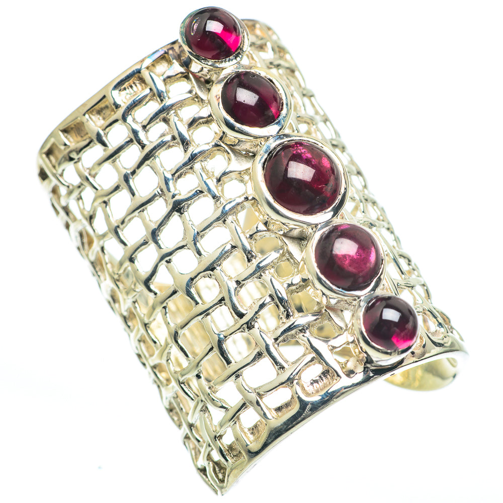 Sterling silver lattice ring with four round red garnet stones, size 7.5