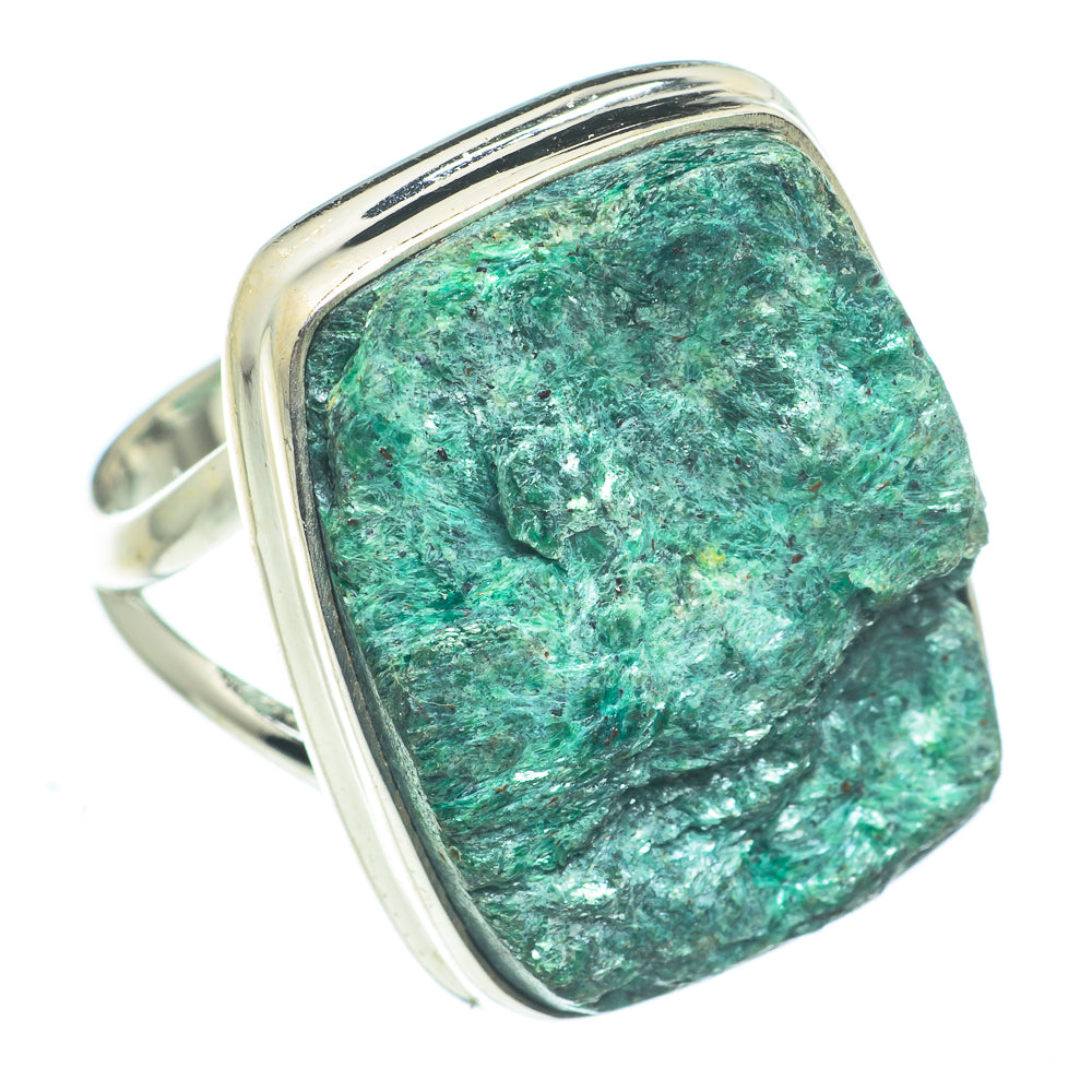 Green fuchsite ring, square bezel sterling silver with textured green gemstone