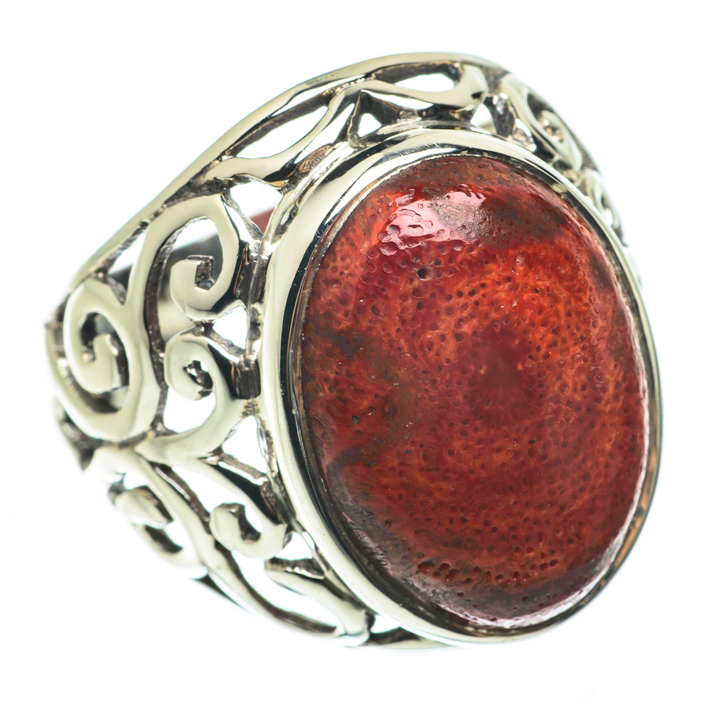 Large sponge coral ring, red oval stone with scrolling filigree bezel in 925 silver