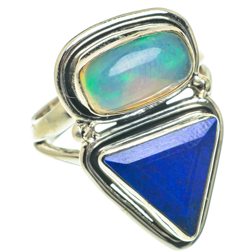 Sterling silver ring with oval opal top and blue lapis triangle center setting