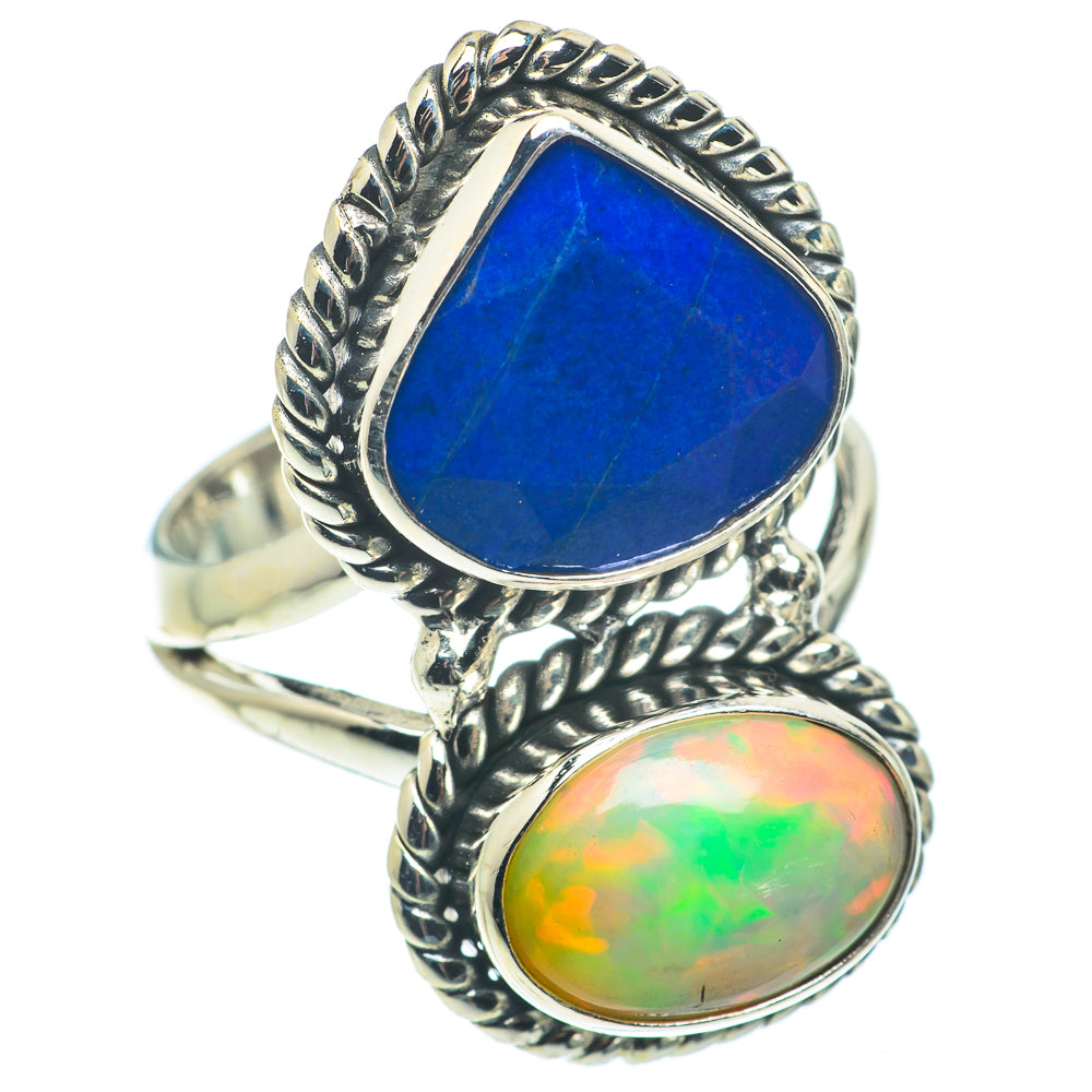 Sterling silver double-stone ring with blue teardrop and oval iridescent opal