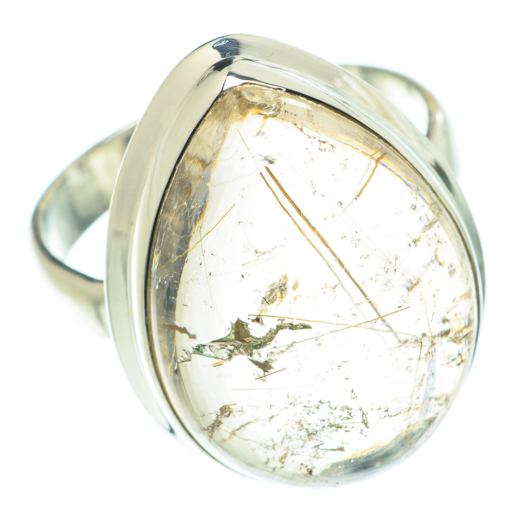 Sterling silver oval rutilated quartz ring with clear stone and gold needle inclusions