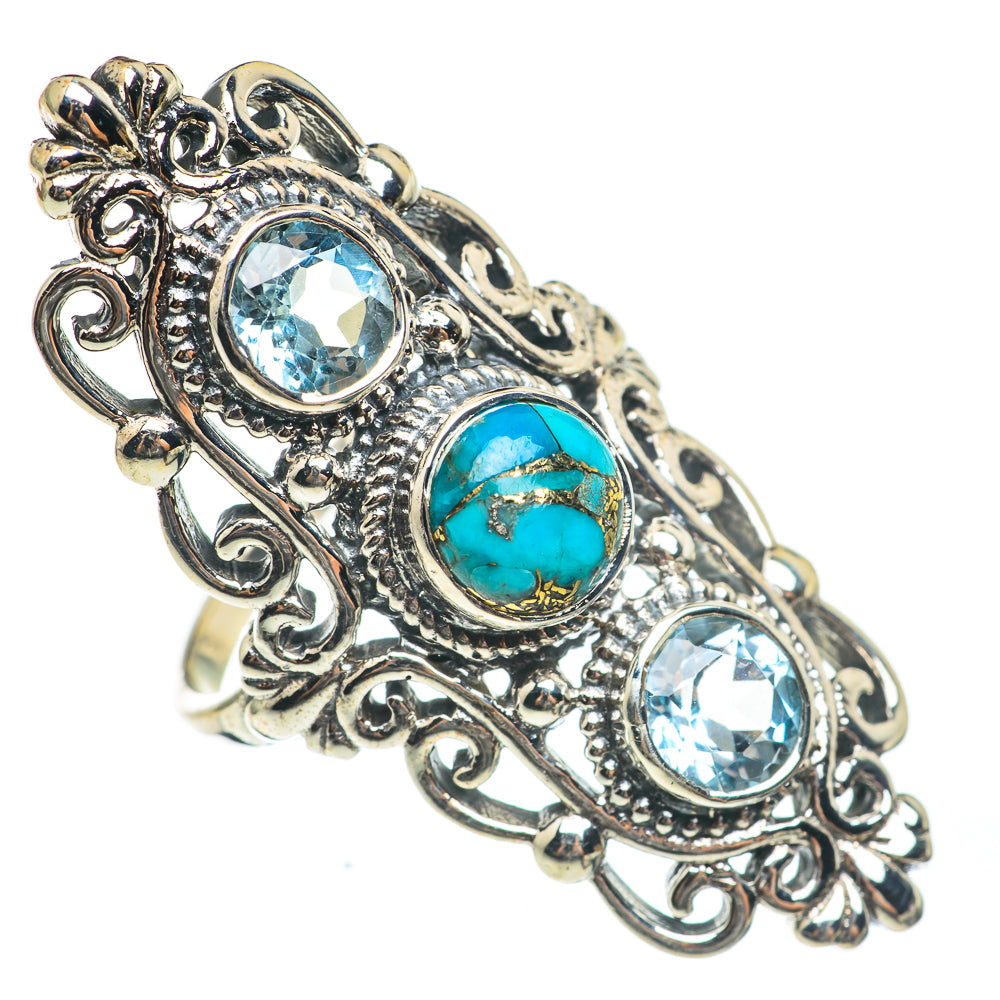 Silver-tone oval turquoise centerpiece ring with two blue round stones