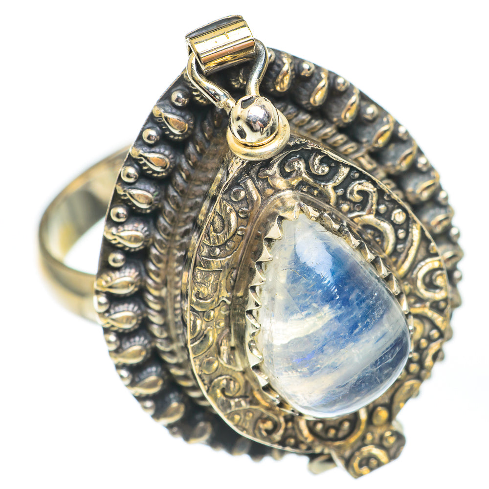 Teardrop blue moonstone poison ring in antique gold-tone ornate setting