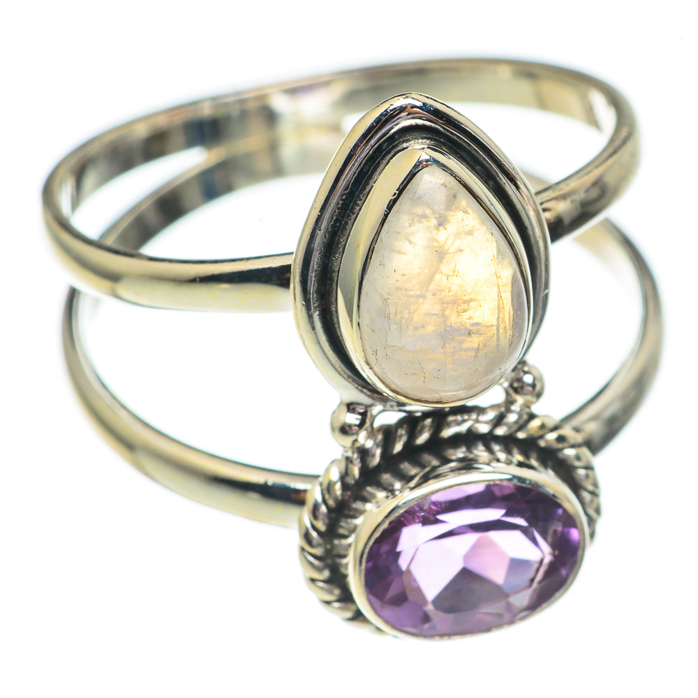 925 sterling silver ring with pear moonstone and round purple amethyst