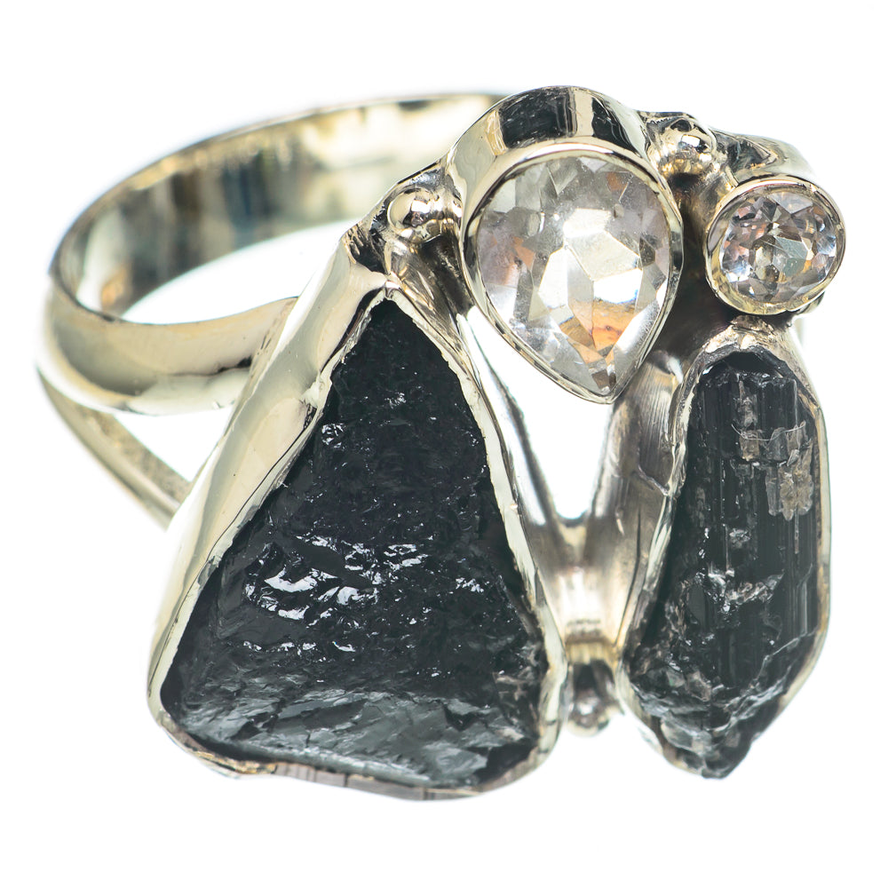 925 sterling silver ring with rough black tourmaline, two clear round stones, and faceted sides