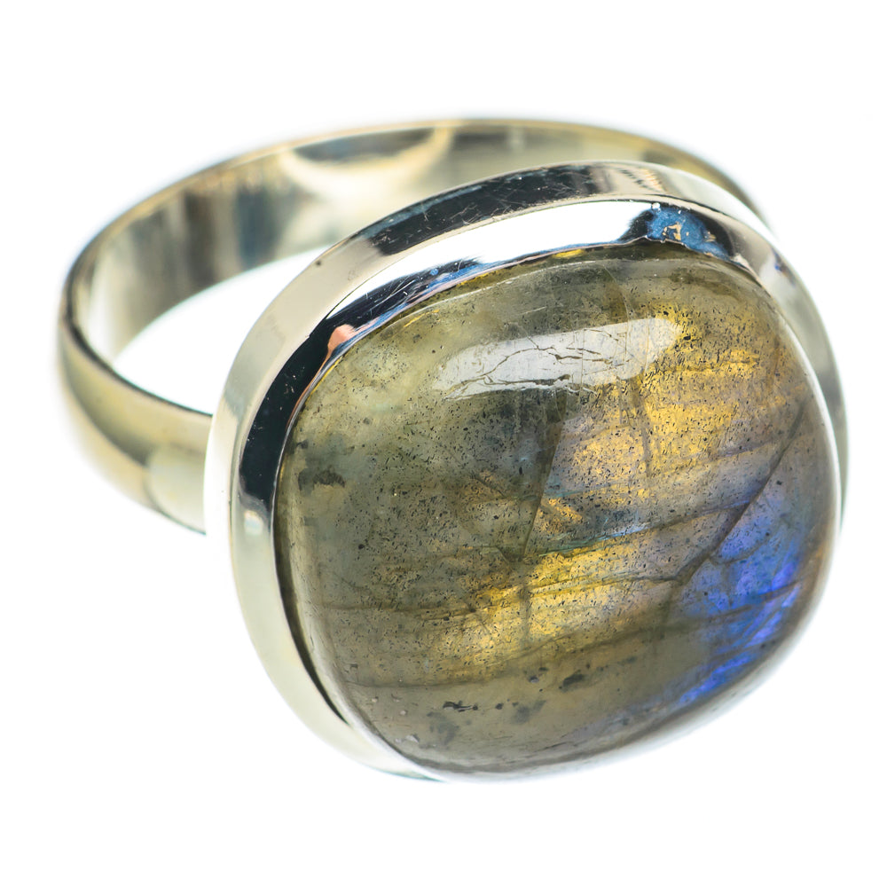Labradorite ring in 925 sterling silver with oval dark gray stone, blue-gold shimmer