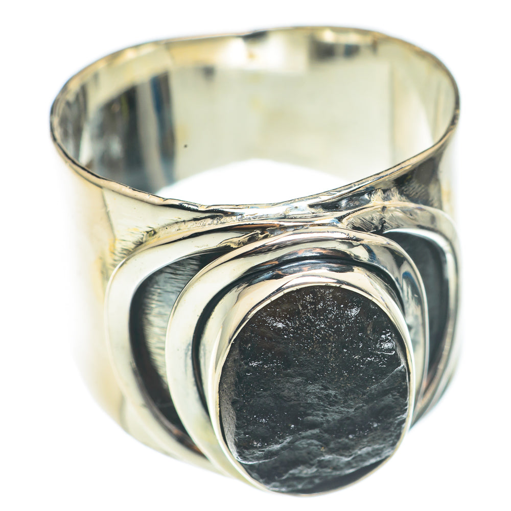 Sterling silver ring with dark textured tektite stone bezel, wide band