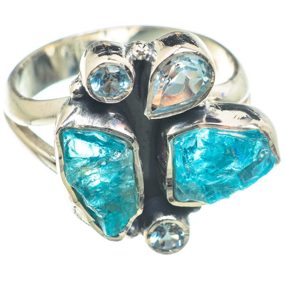 Sterling silver gemstone ring with three rough turquoise stones and round light blue accents