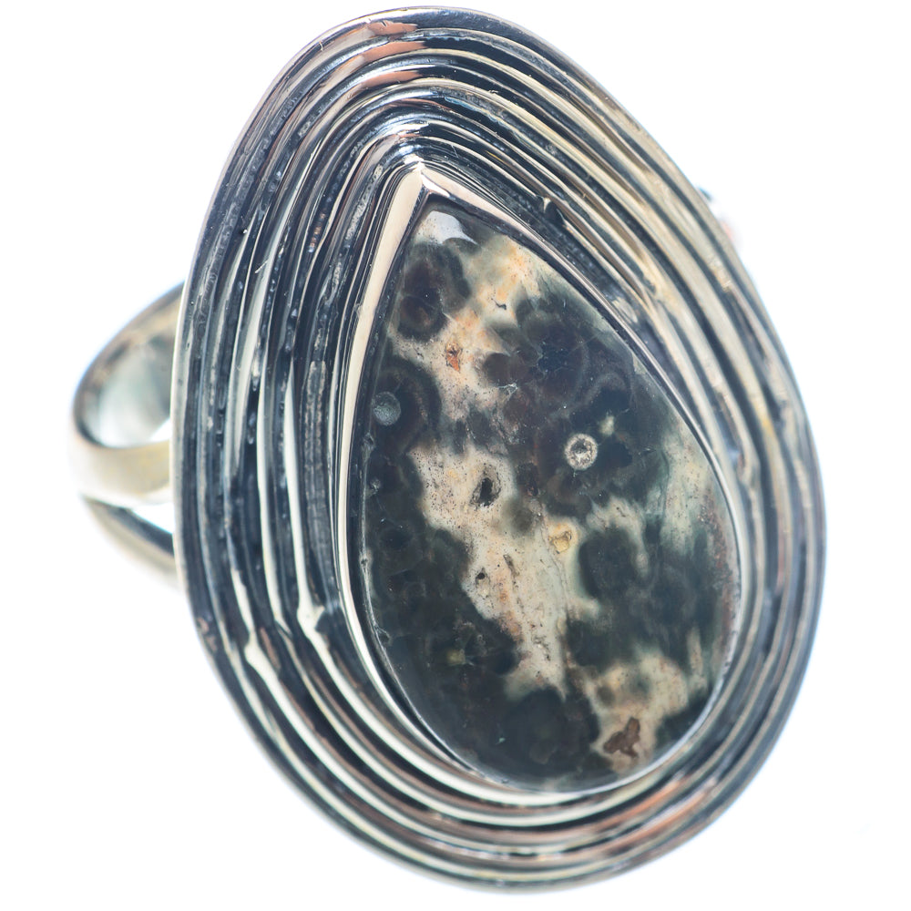 Ocean jasper ring, oval mottled cabochon in 925 sterling silver with ridged bezel